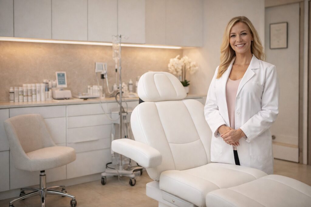 Physician standing in a luxury medical spa treatment room in Gainesville offering weight loss and aesthetic treatments