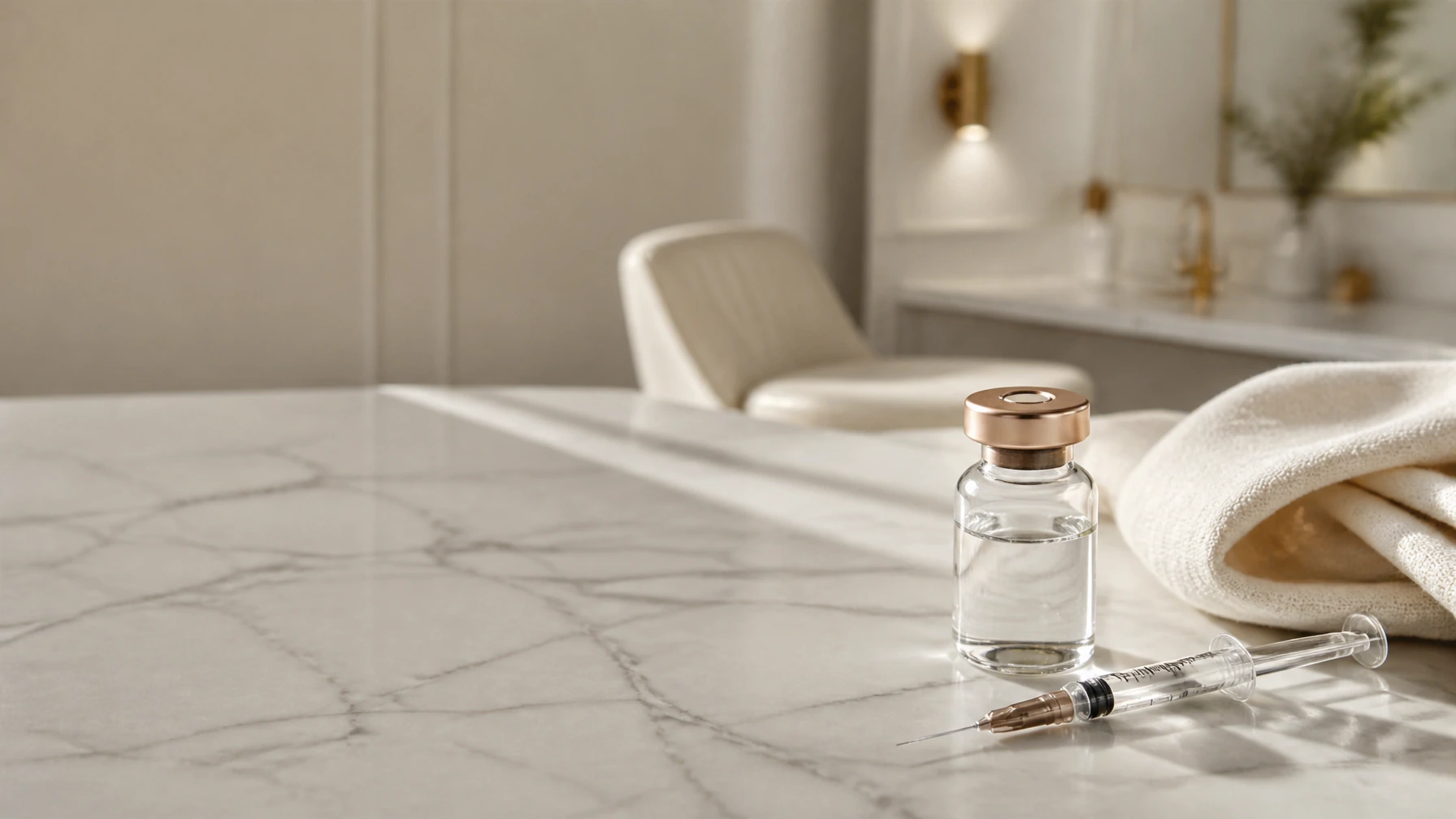 BPC-157 vial and syringe on a marble counter at Bespoke Aesthetics