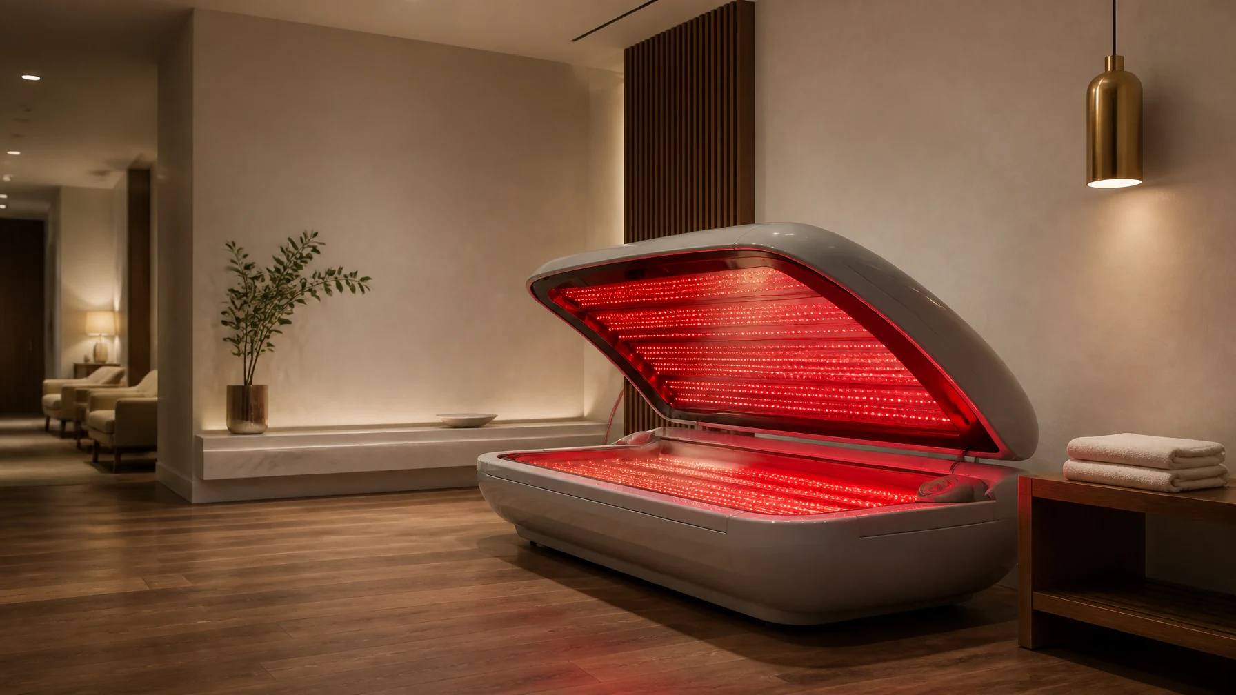 Clinical-grade red light therapy bed with deep red LED panels glowing in a wellness suite at Bespoke Aesthetics
