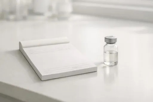 Prescription pad and vial representing physician-prescribed compounded peptide therapy