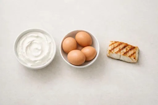 Lean protein foods such as eggs, yogurt, and fish arranged for a GLP-1 nutrition plan