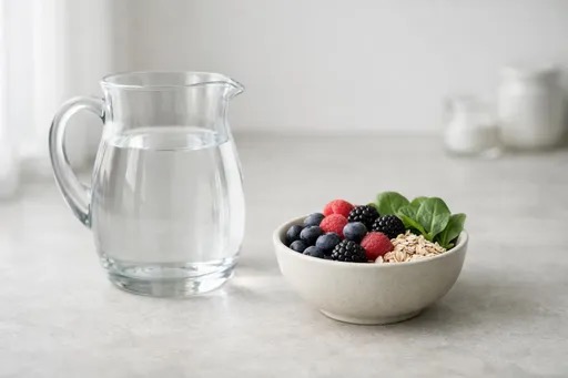 Water pitcher and fiber rich foods representing hydration and fiber intake on a GLP-1