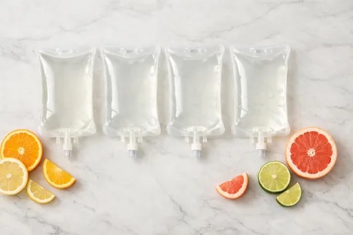 Row of labeled IV vitamin drip bags illustrating myers cocktail benefits and other wellness formulas side by side