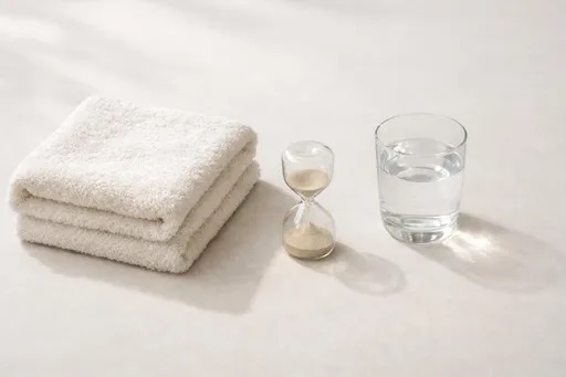 Folded towel and hourglass representing recovery amenities included in a wellness membership