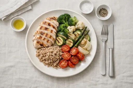 What to eat on semaglutide illustrated by a balanced protein forward plate flat lay