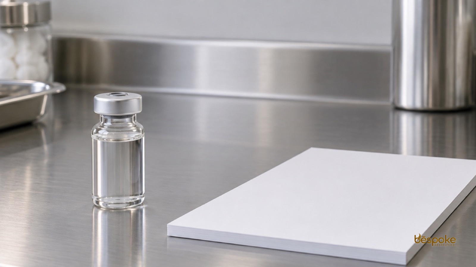 Clinical counter representing licensed compounding pharmacy oversight for peptide preparations