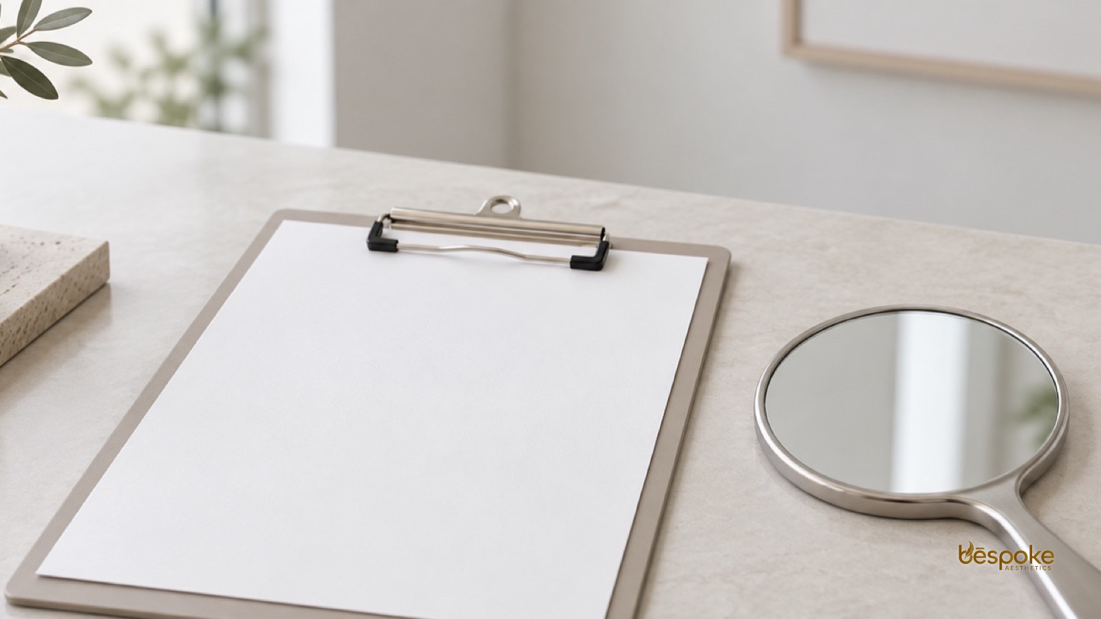 Clipboard and hand mirror representing a physician skin consultation and screening