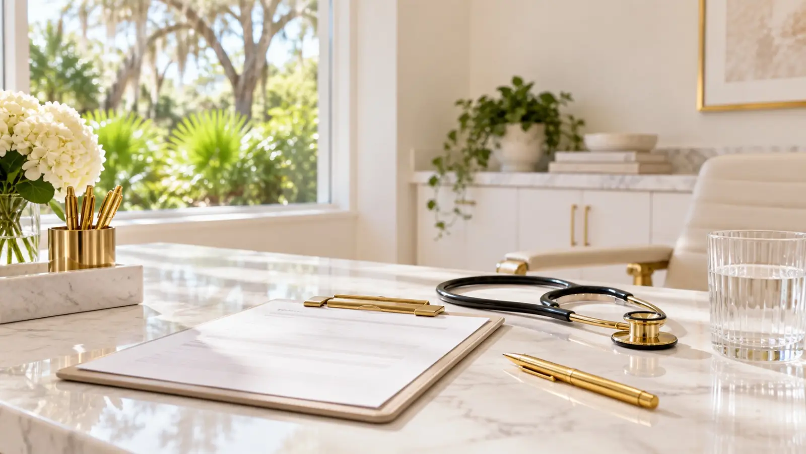 Consultation desk with clipboard and stethoscope at Bespoke Aesthetics, Gainesville FL