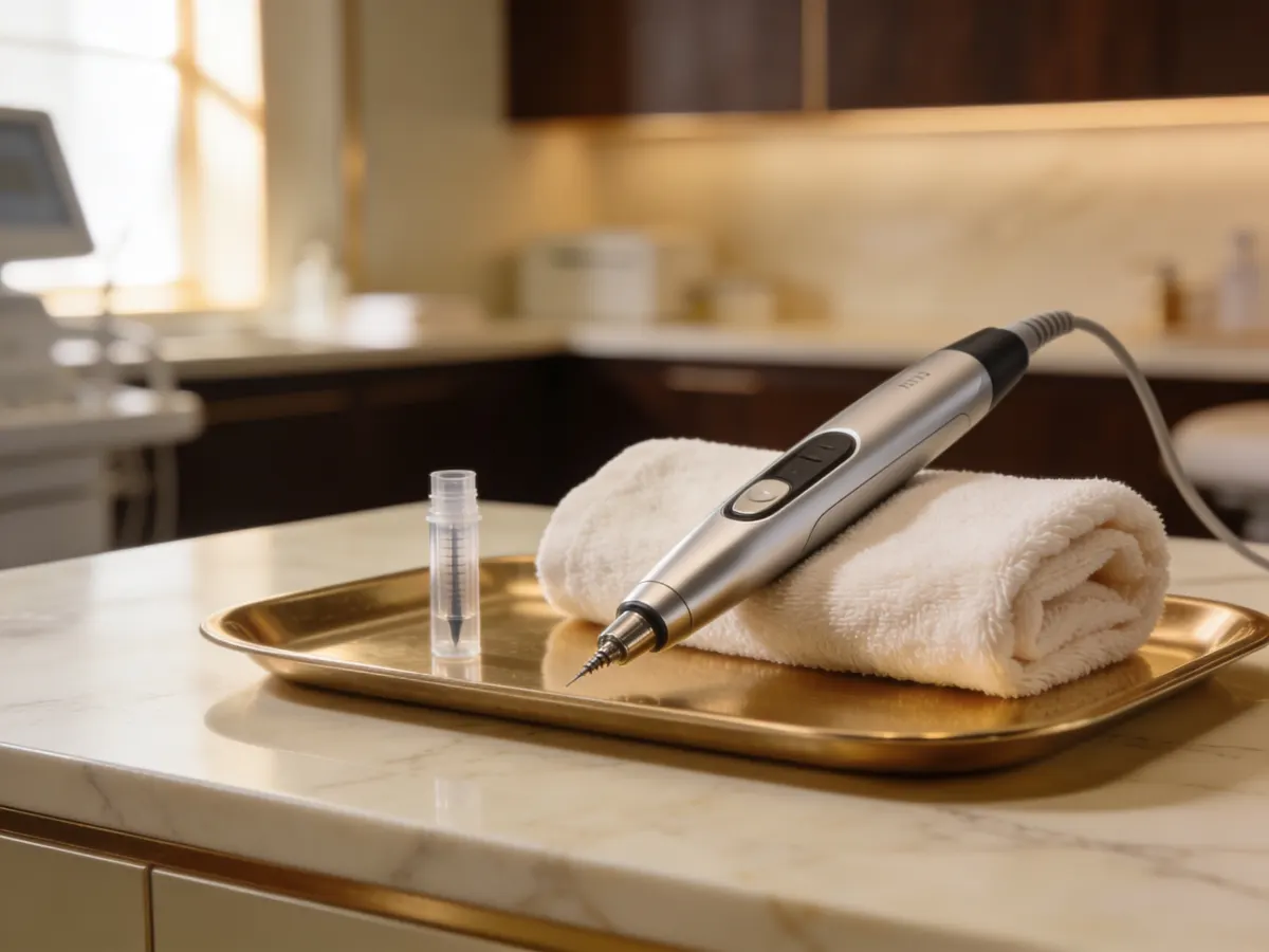 Medical-grade microneedling pen device on a brushed gold tray at Bespoke Aesthetics