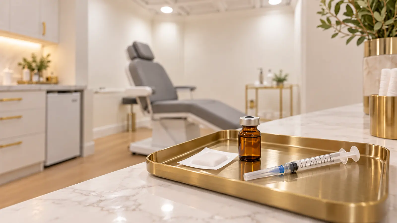 NAD+ vial and syringe on a treatment tray
