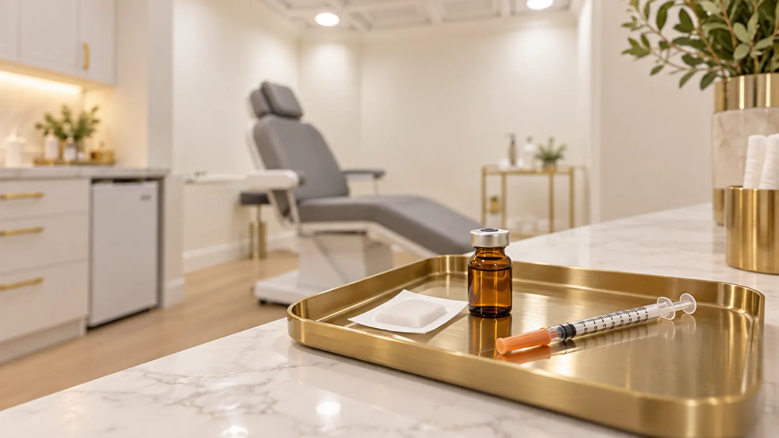 NAD+ vial and syringe on a treatment tray