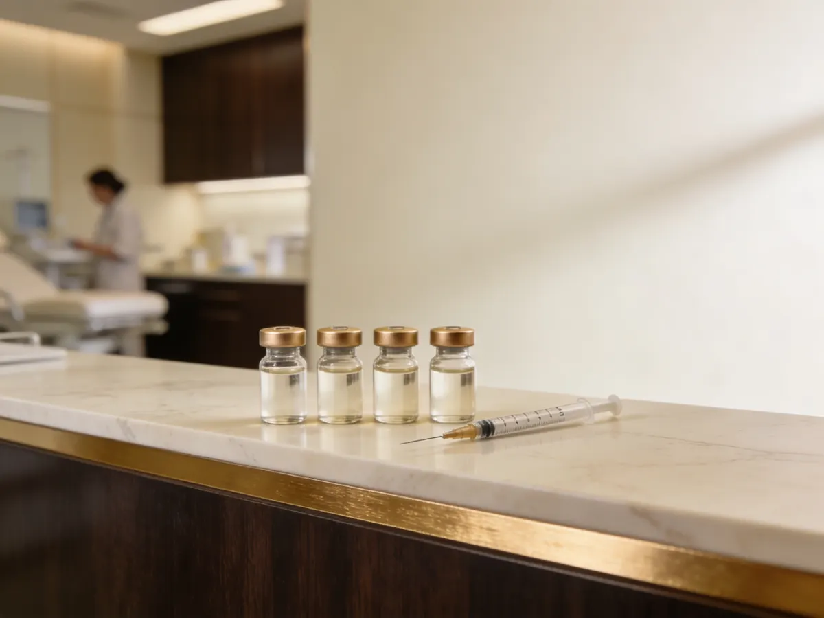 Four neurotoxin vials and a medical syringe arranged on cream marble - Bespoke Aesthetics, Gainesville, FL